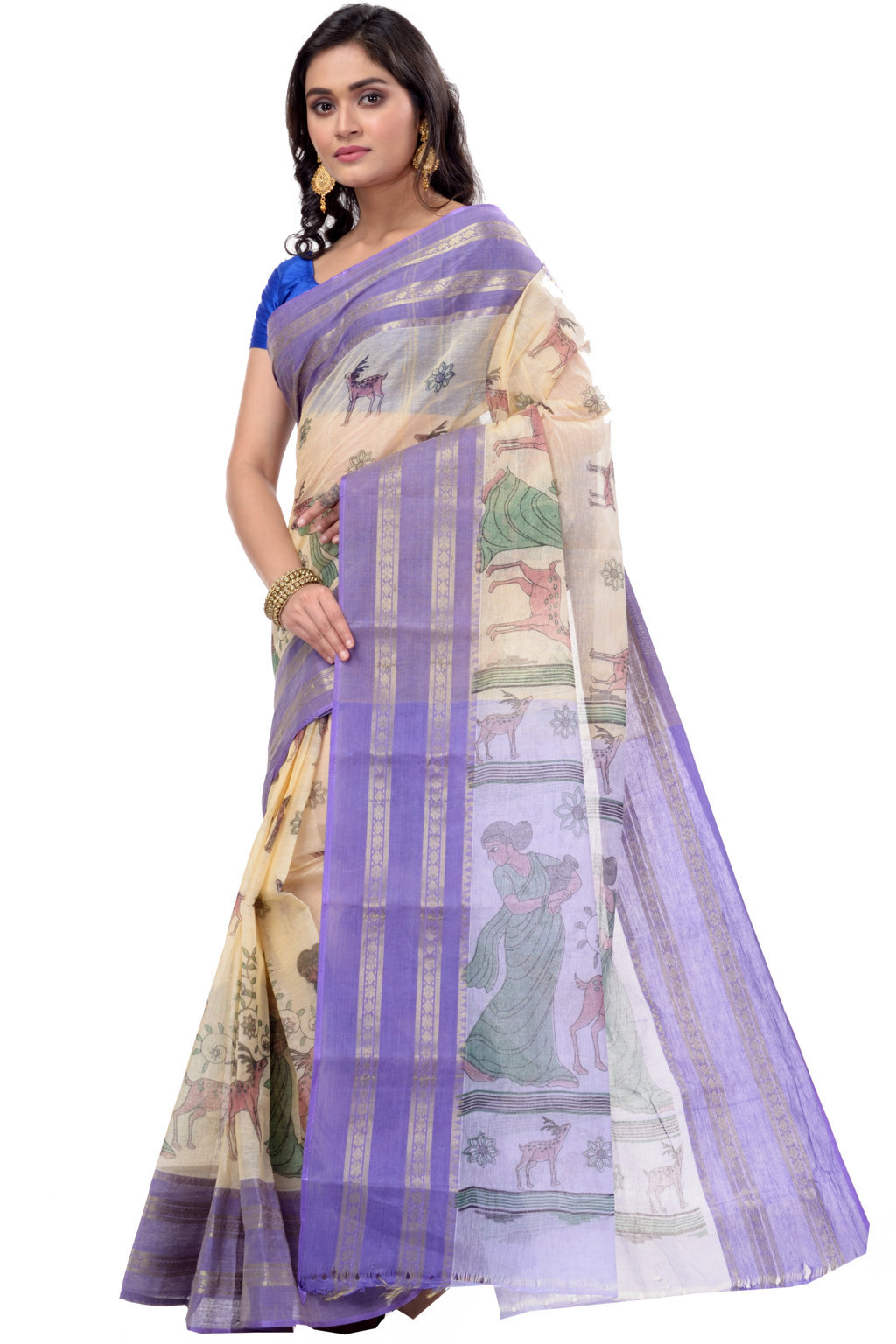 Purple Pure Cotton Sakuntala Tant Saree Print (2645)